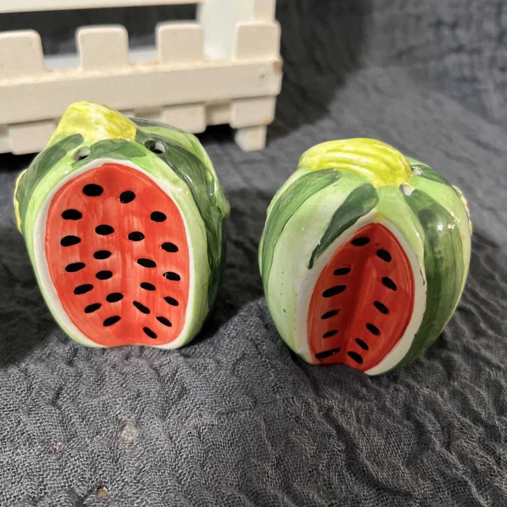 Vintage Wooden Spice Rack with 5 Ceramic Bottles Watermelon‎ Shaped